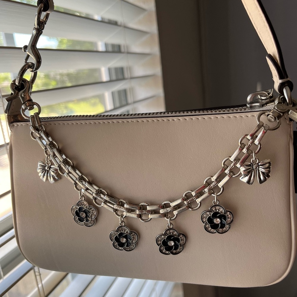 Purse Chain Charm in Silver Tone Hardware Black Flowers and Bow Ties